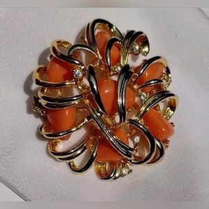 Vintage Joan Rivers Large Faux Coral Stone Caged Goldtone Crystals Pin Brooch